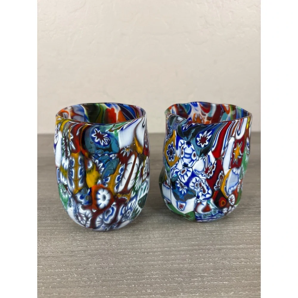 Millefiori Murano Venetian Style Art Glass Tumblers Set of 2 Multi Color Mosaic